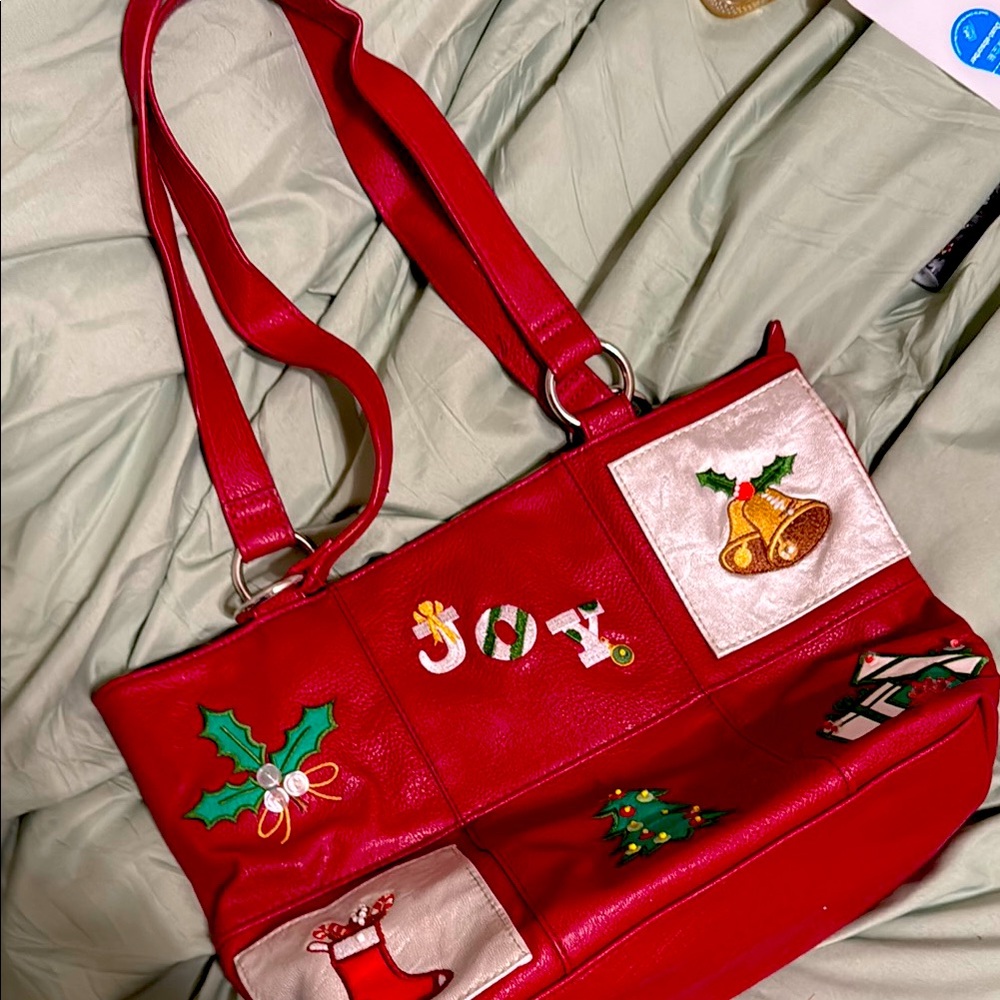 Vibrant Red Shoulder Bag with Christmas Designs
